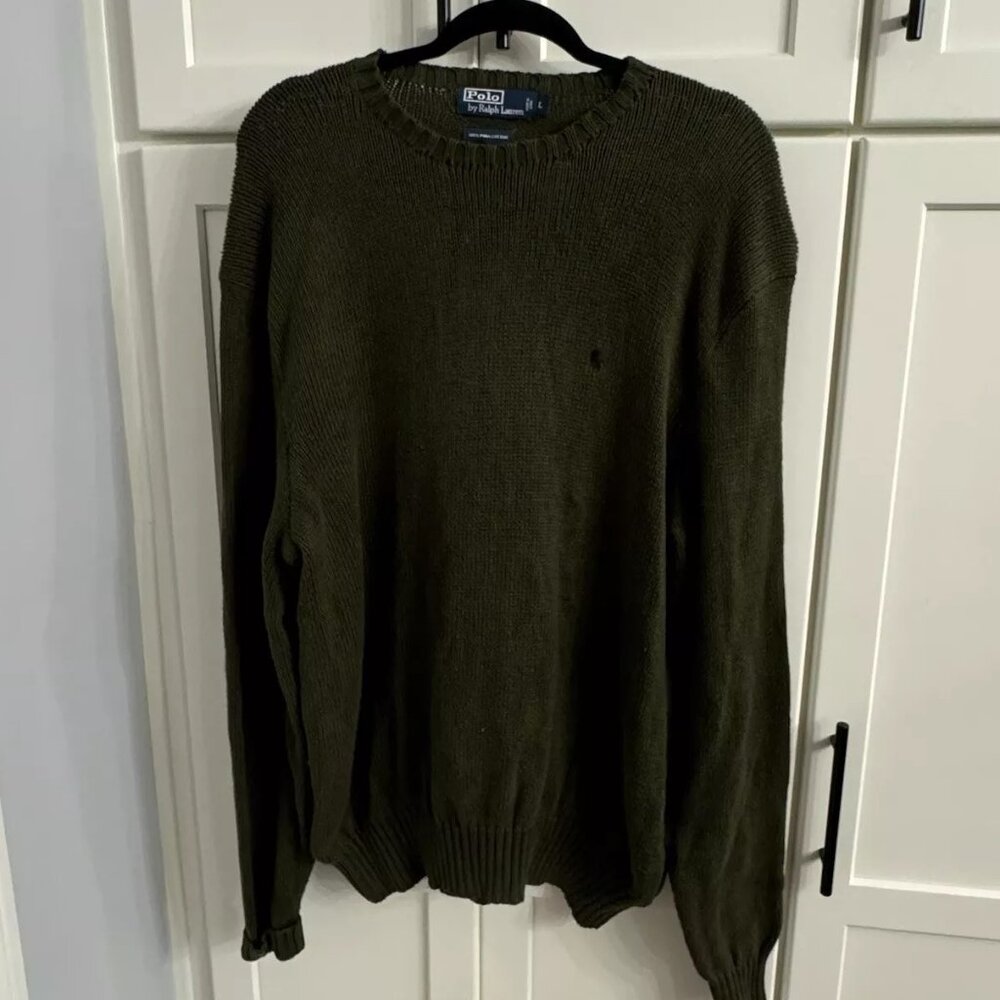 Polo Ralph Lauren 100% Cotton Men's Sz L Green Knit Crew Neck Pullover Sweater